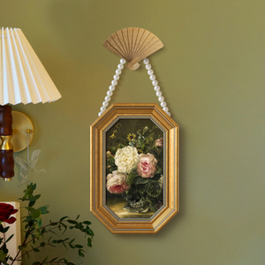 法式小众复古花卉装饰画美式古典餐厅卧室壁画珍珠项链八角框挂画