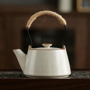 米黄汝窑茶壶提梁壶开片复古单壶家用功夫茶具中式陶瓷泡茶器冰裂