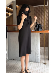 韩版休闲宽松短袖连衣裙女夏季梨型穿搭微胖显瘦气质设计感直筒裙