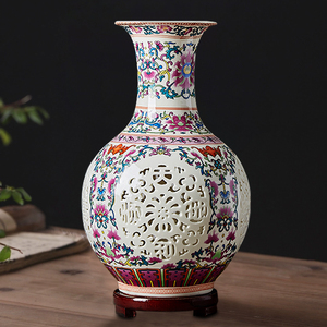 景德镇陶瓷器玲珑镂空花瓶仿古中式插花瓶家居装饰工艺品摆件