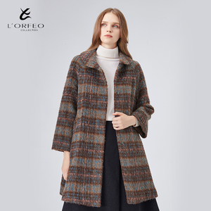 L'ORFEO/奥菲欧冬季羊毛毛呢女外套时尚百搭格子中长款大衣外套