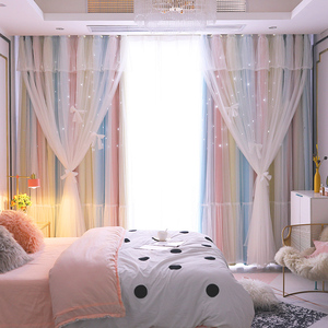 三层新款镂空星星网红布纱一体遮光韩式公主风客厅卧室窗帘成品