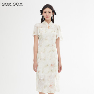 SOMSOM/索玛新中式国风气质连衣裙短袖刺绣旗袍夏季通勤温柔裙子