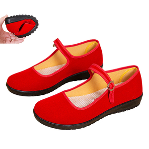 老北京布鞋女平底红色广场舞鞋拉带礼仪民族风大红布跳舞表演鞋