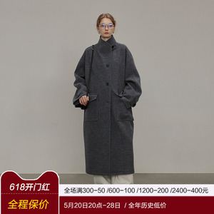 日本棉毛混纺半圆原创设计师女装2023冬季长款双面羊毛呢子大衣女