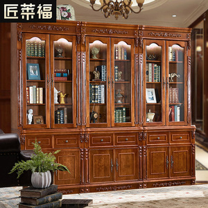 美式书柜带玻璃门欧式实木复古书橱客厅防尘落地展示置物组合立柜