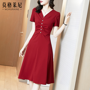 红色v领连衣裙2024新款女夏季短袖收腰显瘦高级感气质修身红裙子