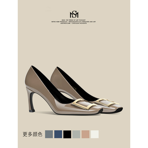 MESIRA/米诗拉法式大象灰方头单鞋女时尚方扣软底高跟鞋职业女鞋