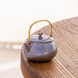 蜂鸟工坊名匠优选 紫皮银壶泡茶壶纯银999珍珠钮锤纹紫皮小壶