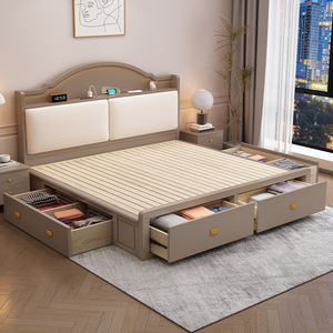 美式实木床现代简约带灯轻奢1.8米主卧小户型高箱储物抽屉收纳床