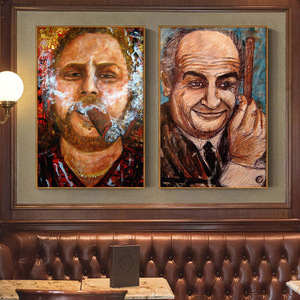 酒吧墙面雪茄油画装饰画世界名人丘吉尔抽烟挂画清吧酒庄复古壁画