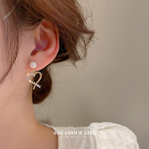 银针微镶锆石珍珠爱心耳环小众设计感耳钉耳坠韩国时尚OL气质耳饰