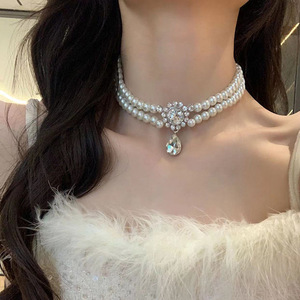 镶钻水滴形双层珍珠项链气质个性时尚锁骨链优雅百搭高级感项饰女