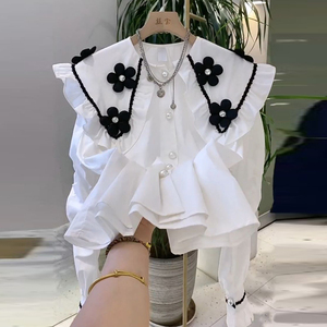 设计感钉珠花朵白色衬衣女春夏急韩版重工娃娃领花边长袖衬衫上衣