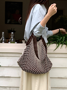 小众设计高级感棕色拼接日系便捷多功能编织购物袋网兜手提单肩包