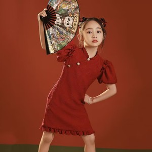 女童旗袍连衣裙夏装新款复古公主裙中国风红色儿童旗袍夏季表演裙