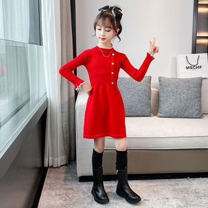 女童连衣裙2024新款洋气秋装毛衣裙中大童时髦红色中长款针织裙子