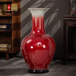景德镇陶瓷器花瓶郎红釉新中式大号落地瓷瓶客厅摆件插花装饰品