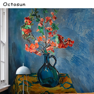 octosun油画壁纸花卉复古玄关走廊定制壁画艺术美式墙纸 蓝色花瓶