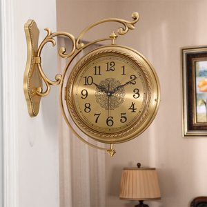 欧式轻奢黄铜双面挂钟客厅静音钟表现代简约家用美式复古两面时钟