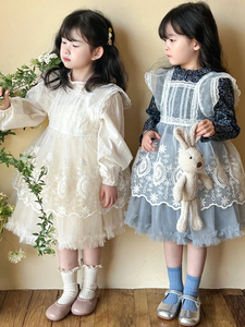 2024春季女童韩版套装森系碎花蕾丝马甲罩衫叠穿连衣裙罩衣半裙