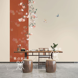 新中式古风壁纸手绘花鸟美容养生馆壁画客厅卧室茶室红色背景墙纸