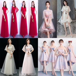 出租伴娘服新款韩版粉色婚礼伴娘团姐妹裙短款主持香槟小礼服