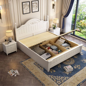 美式实木床卧室18米双人床15米单人气压高箱床皮质软靠公主床1.8