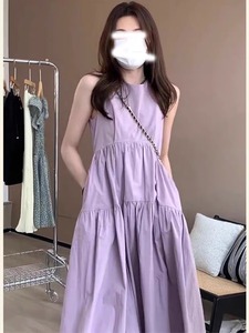 冷淡风气质浅紫色蛋糕背心裙女2024年夏装新款褶皱设计无袖连衣裙