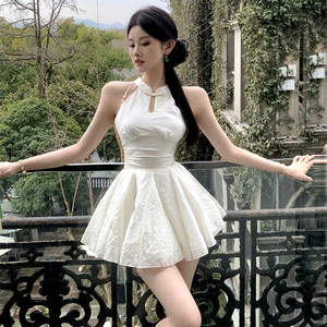 新中式改良旗袍连衣裙小个子150cm显高年轻款少女露肩收腰蓬蓬裙