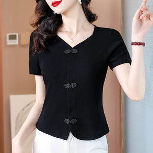 新中式国风v领复古盘扣黑色短袖t恤女式夏季针织小衫气质减龄上衣