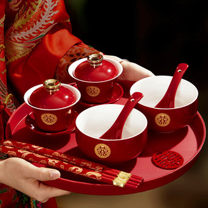 喜碗婚礼敬茶杯结婚筷改口敬酒碗套装女方陪嫁婚庆用品中式碗筷勺