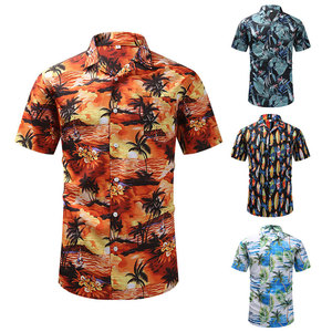 2024外贸爆款夏季复古印花衬衣短袖古巴领衬衫夏威夷风图案