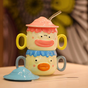 创意小丑陶瓷双耳儿童水杯吸管杯子加盖可爱早餐杯马克杯生日礼品