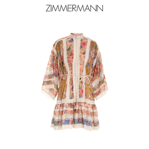Zimmermann度假新款 August棉质拼接图案蕾丝边新中式迷你连衣裙