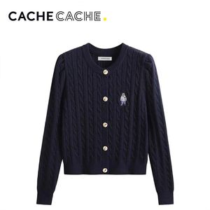 CACHE CACHE韩版圆领麻花泡泡袖针织开衫女秋季新款刺绣长袖外套
