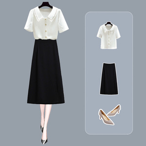 职业套装女夏款正式场合连衣裙教师面试正装白衬衣黑裙两件套裙装