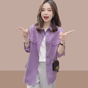女士长袖衬衫2024春秋季新款时尚紫色上衣爆款衬衣大码小衫外套潮