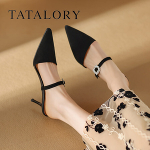 TATA LORY女鞋2024夏季新款法式气质黑色尖头高跟鞋包头细跟凉鞋