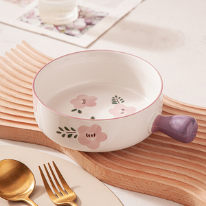 日式手柄碗带把碗烤碗网红家用陶瓷饭碗蒸蛋碗水果沙拉碗烘焙烤盘