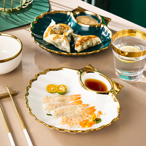 北欧轻奢陶瓷饺子盘子带醋碟家用金边创意餐具水饺盘分格盘早餐盘