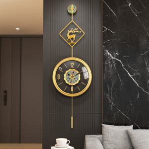 轻奢挂钟新中式钟表客厅墙壁装饰品黄铜福鹿简约静音美容院壁挂钟