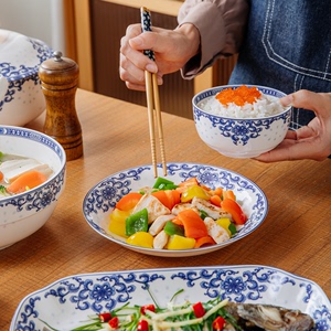 逐鹿玲珑花家用陶瓷菜盘子碟子大鱼盘陶瓷餐具碗碟套装青花瓷碗盘