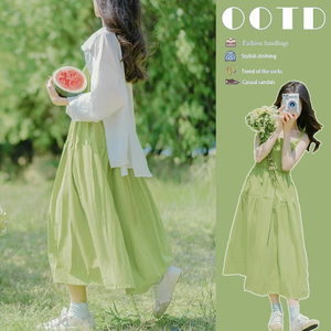 夏季女装森系绿色连衣裙小清新套装甜美高级感小个子穿搭仙女裙子