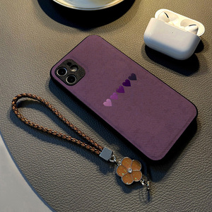 紫色爱心新款适用iPhone14手机壳苹果13/12Pro/Max/XS/XR/15女8p硅胶创意皮革纹全包防摔保护套女生挂绳潮牌