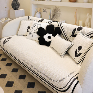 枕西湖 奶油风纯色四季通用沙发坐垫米白欧式防滑沙发巾套可定制