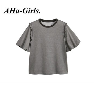 AHAGirls泡泡袖正肩T恤女2024新款夏季设计感短袖银灰色气质上衣