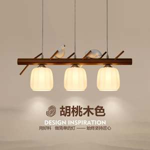 新中式餐厅灯吊灯三头长条实木吧台饭厅灯书房茶室复古小鸟餐桌灯