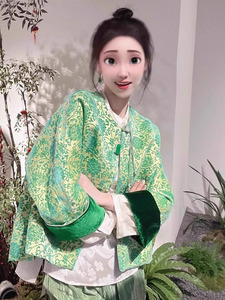 新中式女装小众不撞款上衣早春小个子高级感印花精致时尚绿色外套