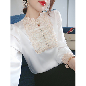 春装缎面女士白衬衫新款2024年韩版宽松百搭法式别致泡泡袖上衣
